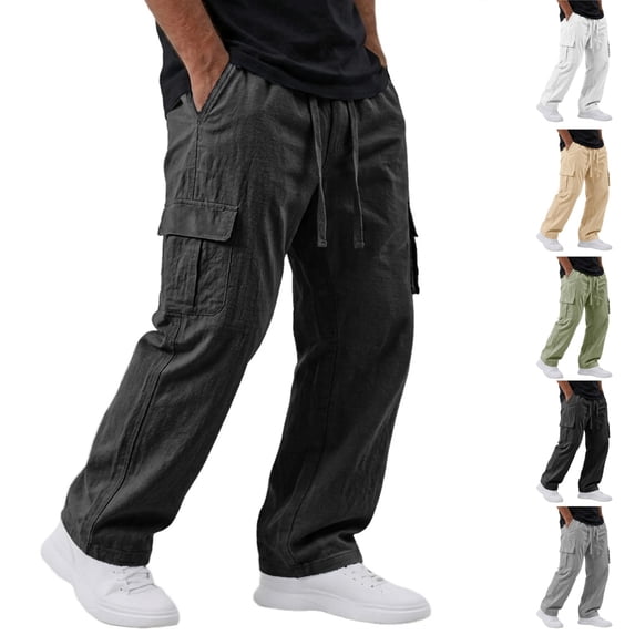 HAJWOH Mens Pants Casual Elastic Waist Drawstring Cargo Beach Pant Straight Leg Trouser with Pockets