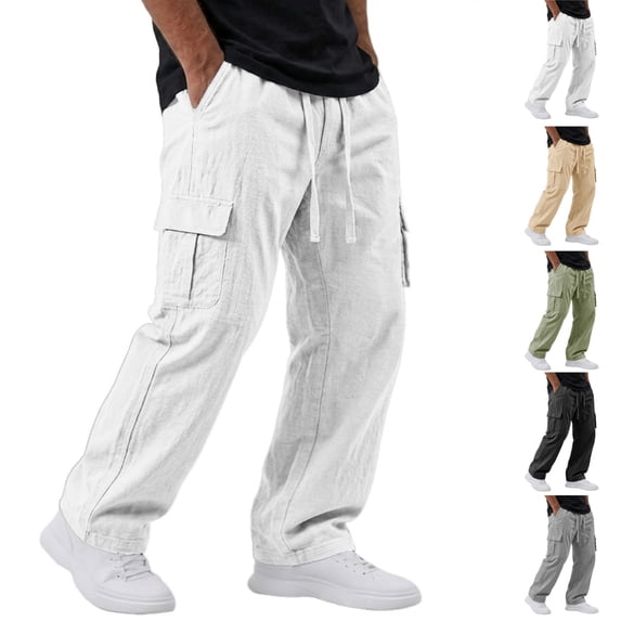 HAJWOH Mens Pants Casual Elastic Waist Drawstring Cargo Beach Pant Straight Leg Trouser with Pockets