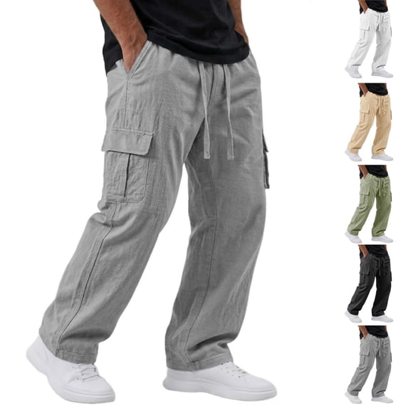 HAJWOH Mens Pants Casual Elastic Waist Drawstring Cargo Beach Pant Straight Leg Trouser with Pockets