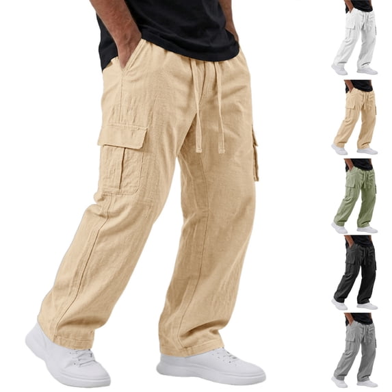 HAJWOH Mens Pants Casual Elastic Waist Drawstring Cargo Beach Pant Straight Leg Trouser with Pockets