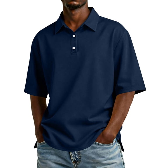HAJWOH Mens Polo Uniform Shirts Short Sleeve Tops Casual Button Uniform Shirts 2026 Spring New Collared Polo Shirts Lightweight Clothes Navy M