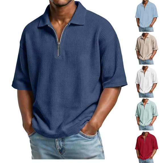 HAJWOH Mens Quarter Zip Golf Polo Shirts Casual Short Sleeve Waffle Pullover Sweater Top Light Outdoor Sport Shirt