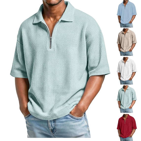 HAJWOH Mens Quarter Zip Golf Polo Shirts Casual Short Sleeve Waffle Pullover Sweater Top Light Outdoor Sport Shirt