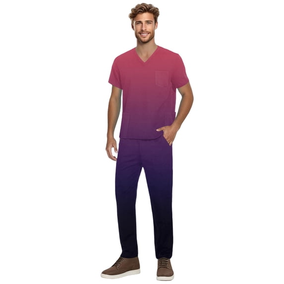 HAJWOH Mens Scrubs Sets Stretchy Nurse Uniform Short Sleeve V Neck Scrub & Jogger Pants Solid Color Medical Scrub Sets with Multi Pockets Hot Pink M