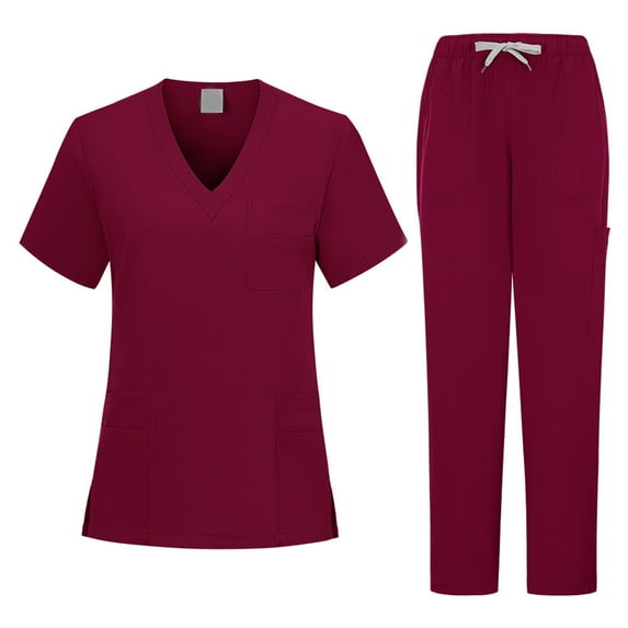 HAJWOH Mens Scrubs Sets Wine Stretchy Nurse Uniform Short Sleeve V Neck Scrub & Jogger Pants Solid Color Scrub Suit with Multi Pockets Wine XL