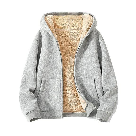HAJWOH Mens Sherpa Hoodies with Zipper Big and Tall Fleece Lined Hooded Sweatshirts Long Sleeve Heavy Weight Pullover Top Fall Winter Comfy Sweater Light Gray L