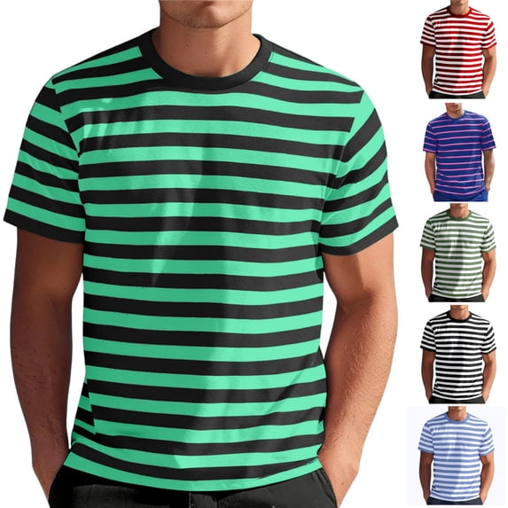 HAJWOH Mens Short Sleeve T-Shirts Striped Casual Crewneck Basic Shirt Color Block Stretch Beach Tees