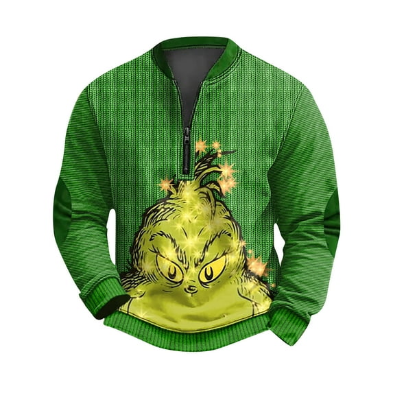 HAJWOH Mens Sweaters Grinchs Graphic Long Sleeve Sweatshirt with Zipper Vintage Knit Print Pullover Casual Stand Collar Shirts with Elbow Patches S