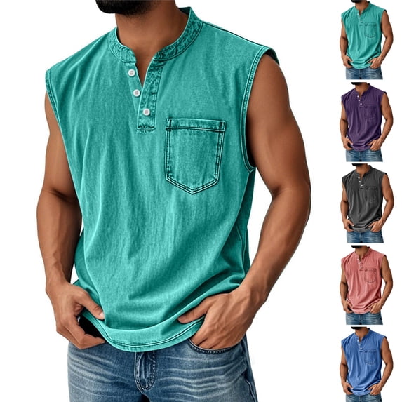 HAJWOH Mens Tank Tops Casual Workout Loose Fit Henley Shirts Lightweight Muscle Sleeveless Tee Shirts with Pockets