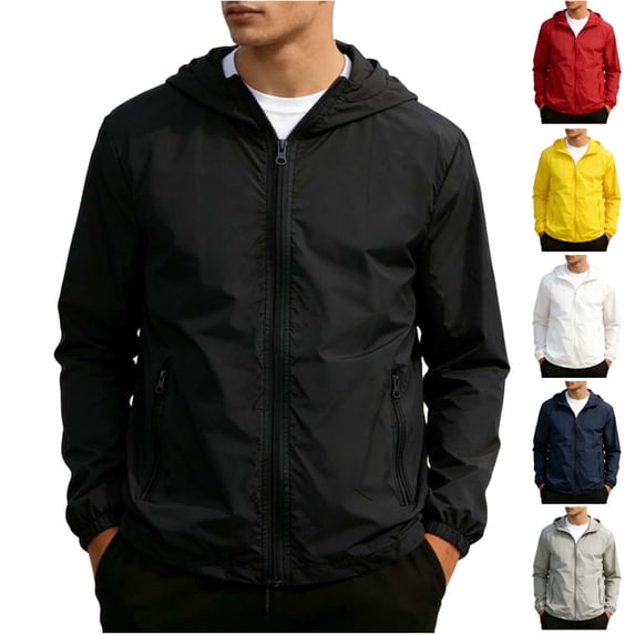 HAJWOH Mens Windbreaker Jackets Packable Waterproof Zipper Long Sleeve Hiking Hooded Jackets Travel Lightweight Rain Coats