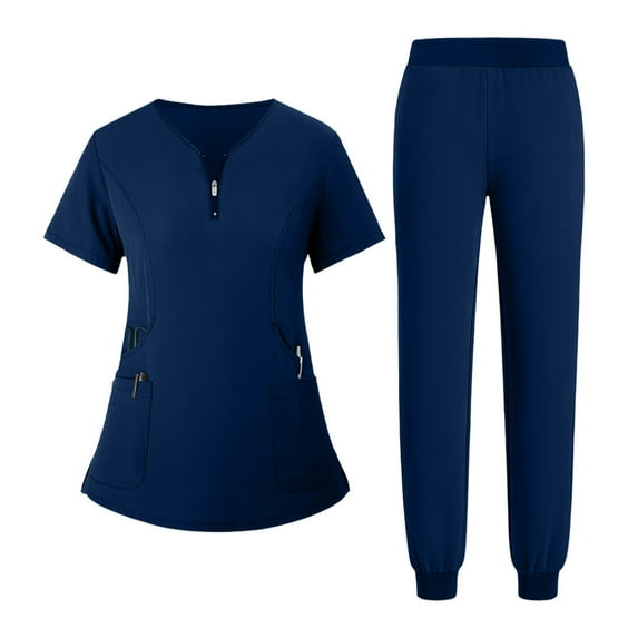HAJWOH Navy Scrubs Sets for Women Stretchy Nurse Uniform Short Sleeve V-Neck Scrub Top & Jogger Pant Solid Color Scrub Suit with Multi Pockets Navy S