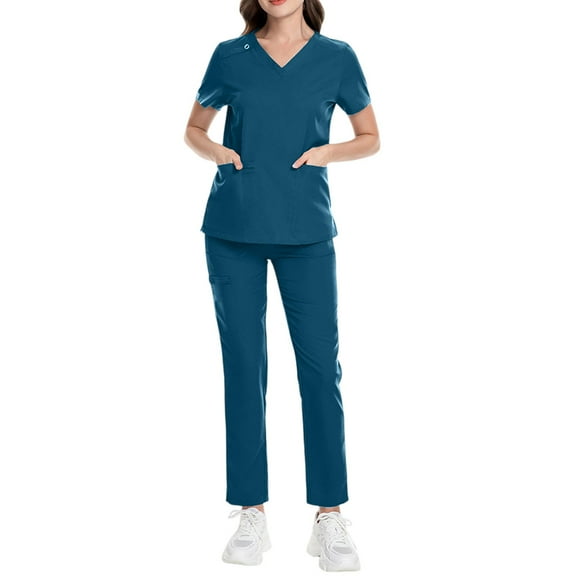 HAJWOH Navy Scrubs for Women Set Size1 Stretchy Nurse Uniform Short Sleeve V Neck Scrub & Jogger Pant Solid Color Scrub Suit with Multi Pocket Navy S