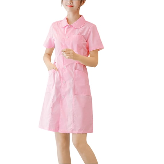 HAJWOH Nurse Scrubs Dress for Women Lapel Neck Short Sleeve Button Down Work Dress Stretchy Comfy Scrubs Pink M