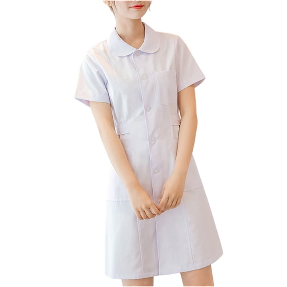 HAJWOH Nurse Scrubs Dress for Women Lapel Neck Short Sleeve Button Work Dress Stretchy Lightweight Scrubs Set White S