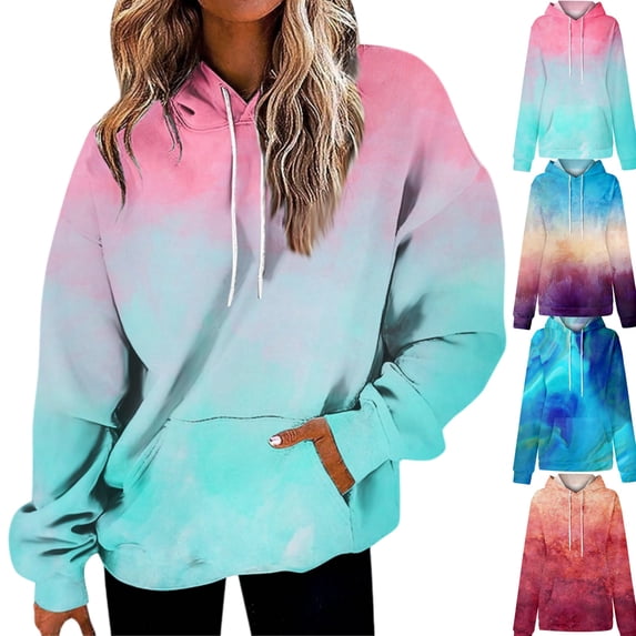 HAJWOH Oversized Hoodies For Women Tie Dye Gradient Sweatshirts Baggy Drawstring Hooded Pullover Fall Casual Tops With Pocket