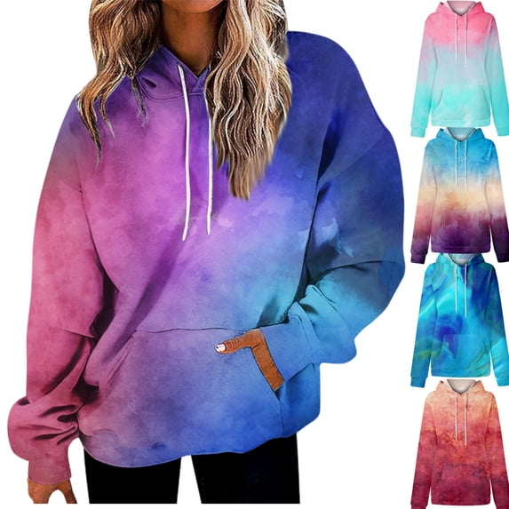 HAJWOH Oversized Hoodies For Women Tie Dye Gradient Sweatshirts Baggy Drawstring Hooded Pullover Fall Casual Tops With Pocket