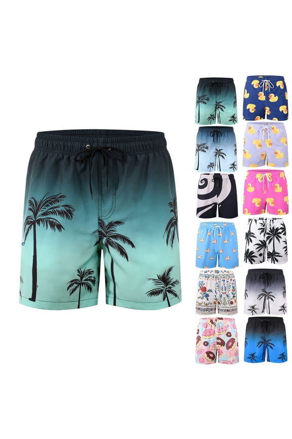 Palm Tree Mens Swim Trunks with Compression Liner Tropical Leaves 2-in-1 Swimming Board Shorts Fashion Stretch Quick Dry Bathing Suits