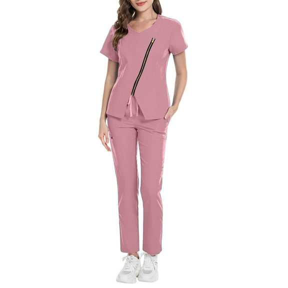 HAJWOH Pink Scrubs Sets for Women Stretchy Nurse Uniform Short Sleeve V Neck Scrub & Jogger Pants Solid Color Medical Scrub Sets with Multi Pocket Pink XXL