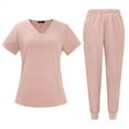 thumbnail image 1 of HAJWOH Pink Scrubs Sets for Women Stretchy Nurse Uniform Short Sleeve V Neck Scrub Top & Yoga Jogger Pants Solid Color Scrub Suit with Multi Pocket Pink XXL, 1 of 6
