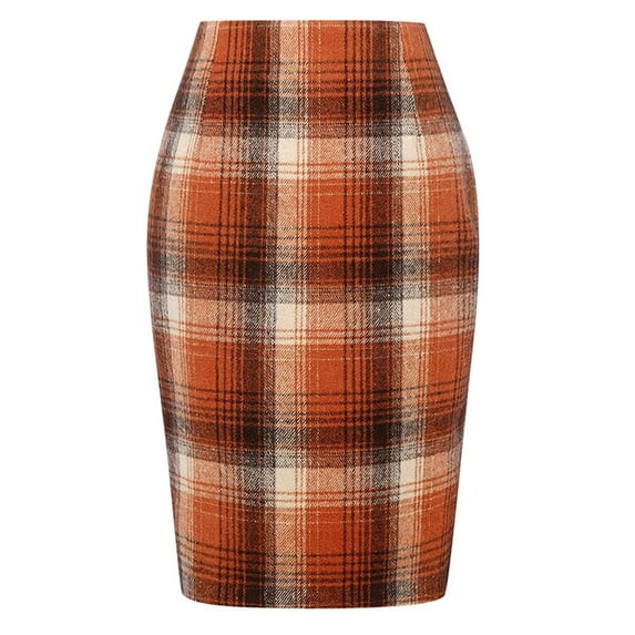 HAJWOH Plaid Skirts for Women Knee Length Elastic Waist Stretchy Faux Wool Bodycon Business Pencil Skirt Orange XXL