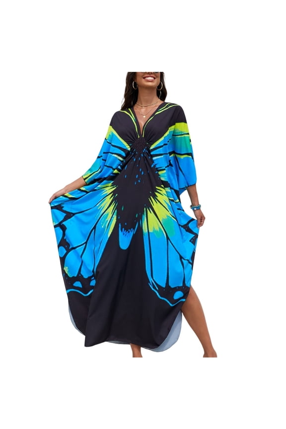 Plus Size Kaftan Maxi Dress Beach Swimwear Cover Up V Neck Batwing Sleeve Moo Moos for Women