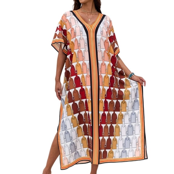 HAJWOH Plus Size Kaftan Maxi Dress Beach Swimwear Cover Up V Neck Batwing Sleeve Moo Moos for Women