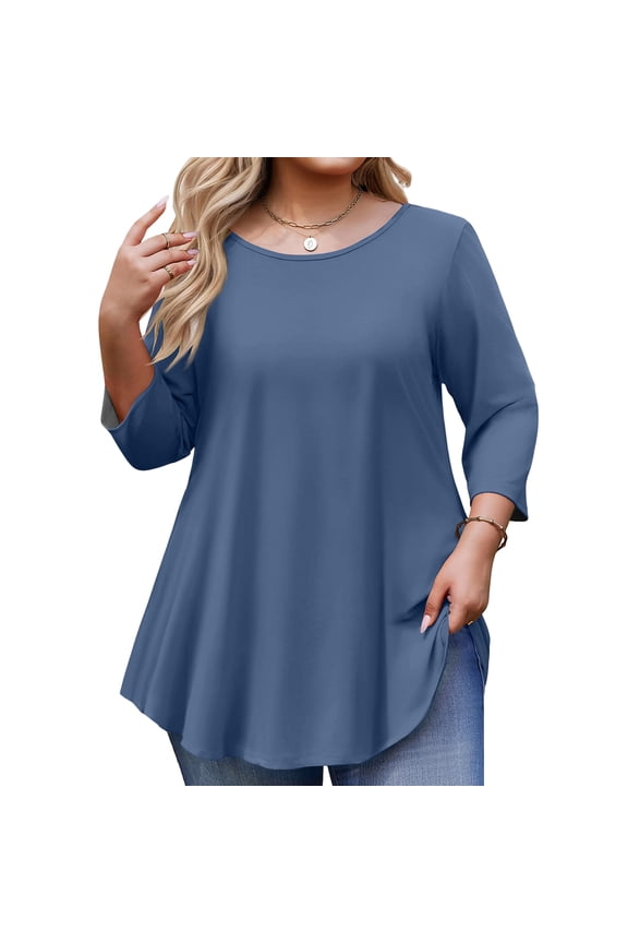 Plus Size Tops for Womens 3/4 Sleeve Tunic Tops Casual Loose Fit Swing Fall Winter T Shirts Blouse Basic Shirts Blue XXL