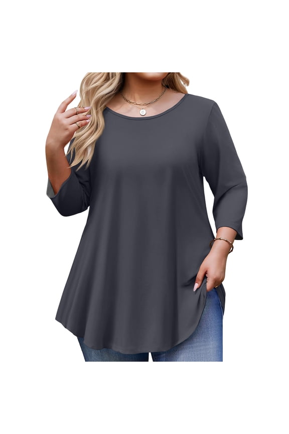 Plus Size Tops for Womens 3/4 Sleeve Tunic Tops Casual Loose Fit Swing Fall Winter T Shirts Blouse Basic Shirts Dark Gray XXXL