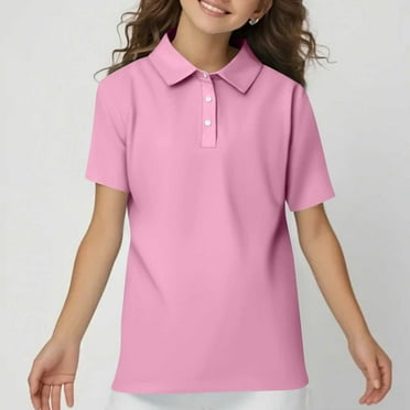 HAJWOH Polo Shirts for Junior Girls Short Sleeve T-Shirt Casual Button Uniform Top 2025 New Collared Top Lightweight Blouse Pink 5-6 Years