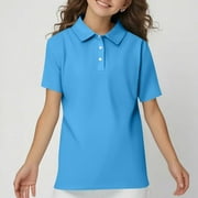HAJWOH Girls Polo Uniform Shirts School Short Sleeve Uniform Top Casual Button Tennis T-Shirts 2025 Summer New Collared Golf Polo Shirts Athletic Clothes Cyan 5-6 Years