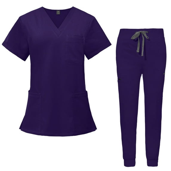 HAJWOH Purple Scrubs for Women Set Size1 Stretchy Nurse Uniform Short Sleeve V-Neck Scrub Top & Jogger Pant Solid Color Medical Scrub Sets with Multi Pockets Purple L