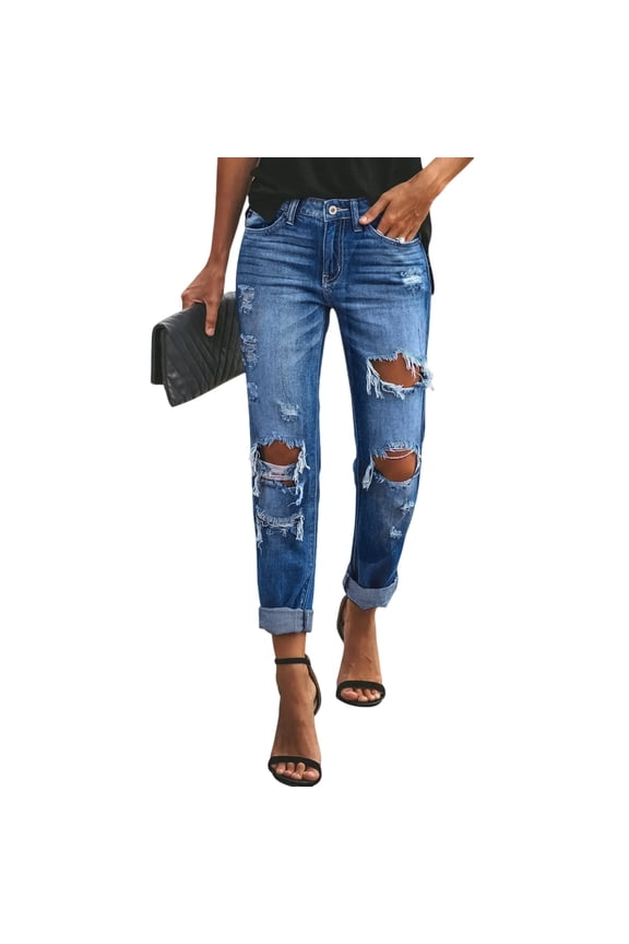 Ripped Cuffed Jeans for Women Vintage Casual Distressed High Rise Boyfriend Jeans Stretchy Denim Pants with Pockets