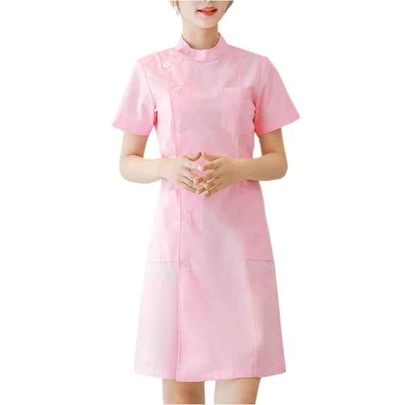 HAJWOH Scrubs Dress for Women Formal Lapel Neck Short Sleeve Button Down Work Dress Stretchy Comfort Workwear Pink L
