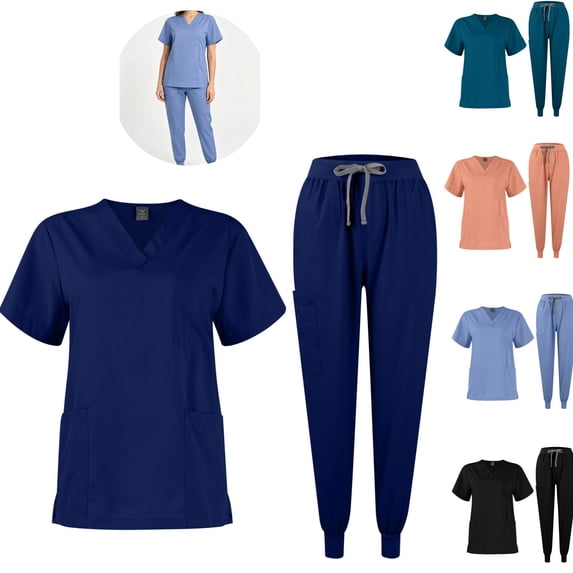 HAJWOH Scrubs For Women Set Casual Solid Medical Uniform Stretch V-Neck Scrub Top & Pant with Pockets