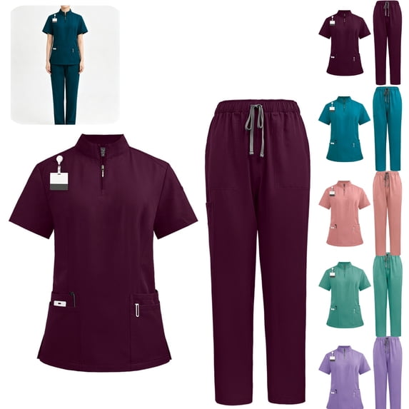 HAJWOH Scrubs For Women Set Set-Zipper Collar Top&Straight Pants For Doctors, Nurses, Beauty Salons Medical Uniform