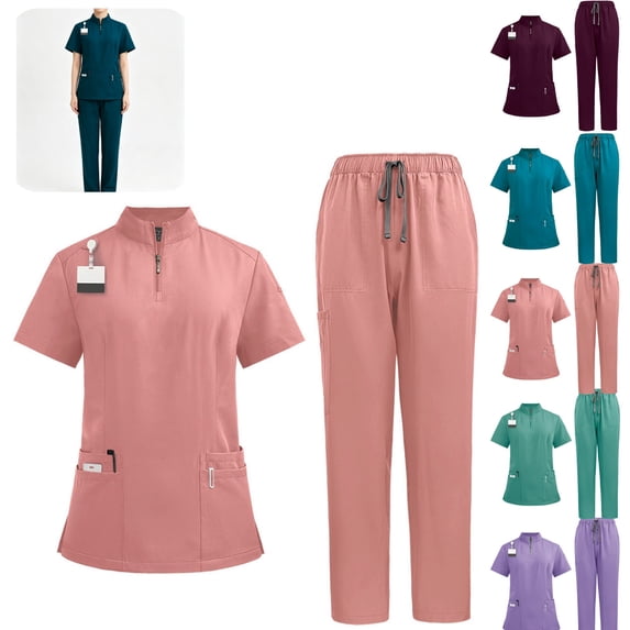 HAJWOH Scrubs For Women Set Set-Zipper Collar Top&Straight Pants For Doctors, Nurses, Beauty Salons Medical Uniform