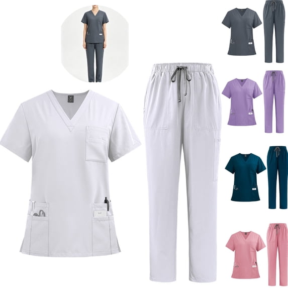 HAJWOH Scrubs For Women Set Stretch V-Neck Scrub Tops & Pant Quick Drying Solid Medical Nurse Uniform with Pockets
