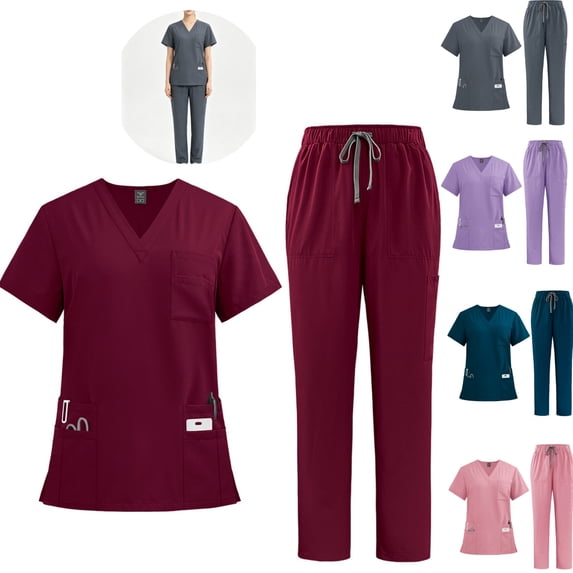 HAJWOH Scrubs For Women Set Stretch V-Neck Scrub Tops & Pant Quick Drying Solid Medical Nurse Uniform with Pockets