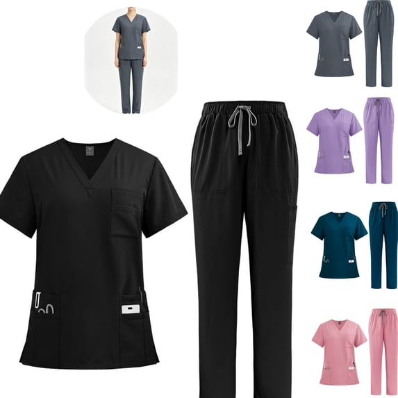 HAJWOH Scrubs For Women Set Stretch V-Neck Scrub Tops & Pant Quick Drying Solid Medical Nurse Uniform with Pockets