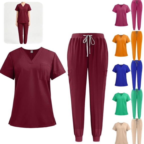 HAJWOH Scrubs For Women Set V-neck Top & Straight Pants with Drawstring Medical Nursing Uniforms Set