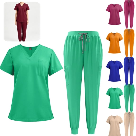 HAJWOH Scrubs For Women Set V-neck Top & Straight Pants with Drawstring Medical Nursing Uniforms Set