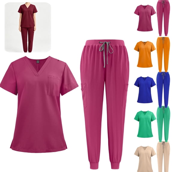 HAJWOH Scrubs For Women Set V-neck Top & Straight Pants with Drawstring Medical Nursing Uniforms Set