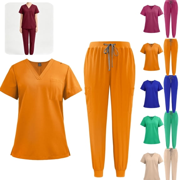 HAJWOH Scrubs For Women Set V-neck Top & Straight Pants with Drawstring Medical Nursing Uniforms Set