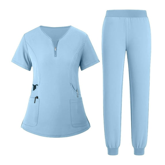 HAJWOH Scrubs Sets for Women Stretchy Nurse Uniform Short Sleeve V Neck Scrub & Jogger Pant Solid Color Medical Scrub Sets with Multi Pocket Sky Blue M