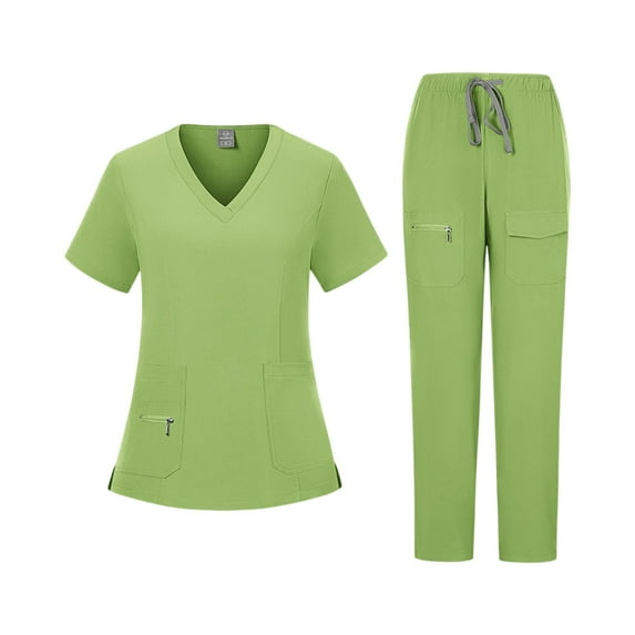 HAJWOH Scrubs Sets for Women Stretchy Nurse Uniform Short Sleeve V Neck Scrub & Jogger Pant Solid Color Scrubs Sets with Multi Pocket Fluorescent Green XXL
