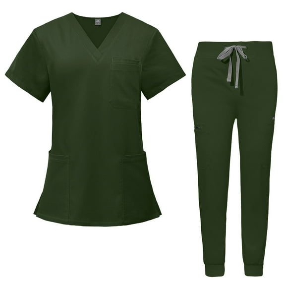 HAJWOH Scrubs Sets for Women Stretchy Nurse Uniform Short Sleeve V-Neck Scrub & Jogger Pants Solid Color Medical Scrub Sets with Multi Pockets Army Green XXL