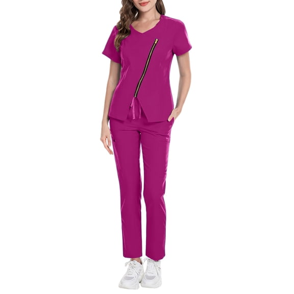 HAJWOH Scrubs Sets for Women Stretchy Nurse Uniform Short Sleeve V-Neck Scrub Top & Pants Solid Color Medical Scrub Sets with Multi Pockets Hot Pink XXL
