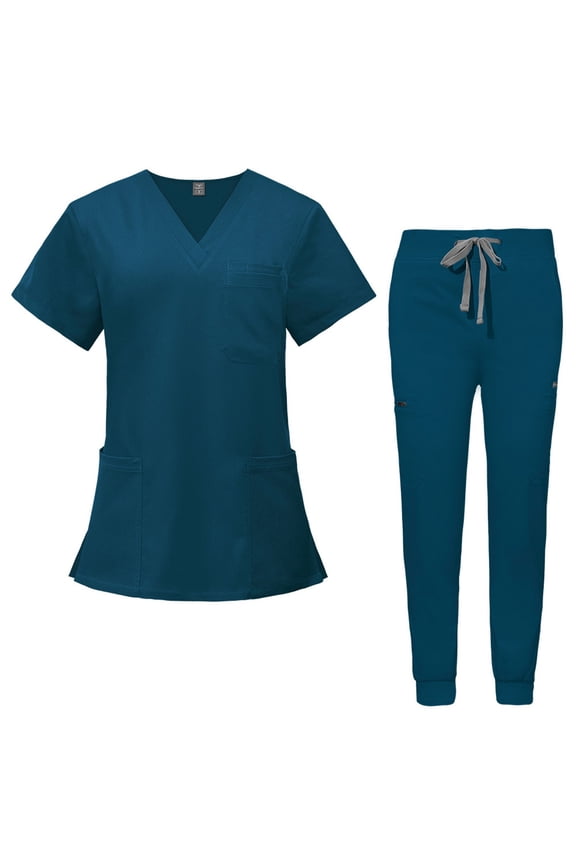 Scrubs Sets for Women Stretchy Nurse Uniform Short Sleeve V-Neck Scrub Top & Yoga Jogger Pants Solid Color Medical Scrub Sets with Multi Pockets Blue S
