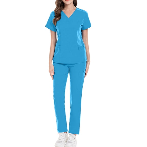HAJWOH Scrubs Sets for Women Stretchy Nurse Uniform Short Sleeve V-Neck Scrub & Yoga Jogger Pants Solid Color Medical Scrub Sets with Multi Pocket Blue XS