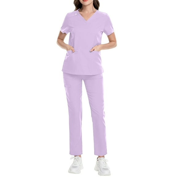 HAJWOH Scrubs Sets for Women Stretchy Nursing Uniform Short Sleeve V-Neck Scrub & Jogger Pant Solid Color Scrub Suit with Multi Pockets Light Purple L